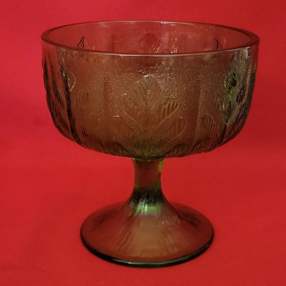 VTG FTD 1978 Green Glass Avocado Oak Leaf Pedestal Depression Bowl Dish